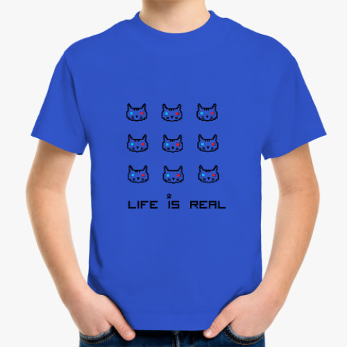 Детская футболка  Жизнь реальна (пиксельные котики в 3D очках)