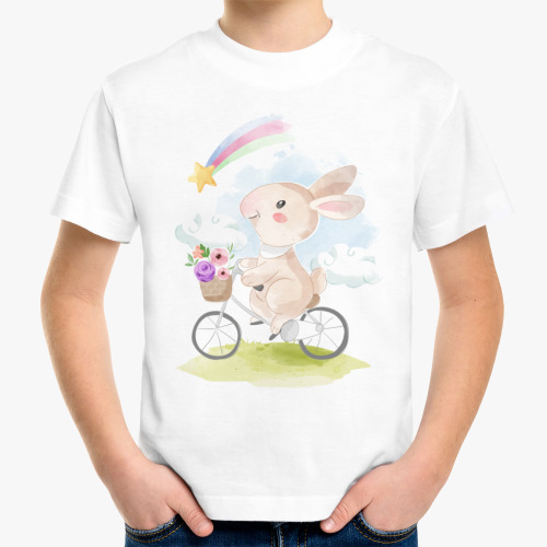 Детская футболка с принтом зайчик на велике