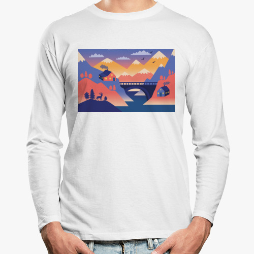 Лонгслив с принтом Дом, олень и горы