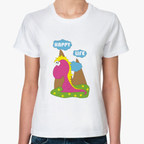 Классическая футболка с принтом Happy Life