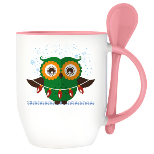 Кружка с ложкой с принтом Зимняя сова
