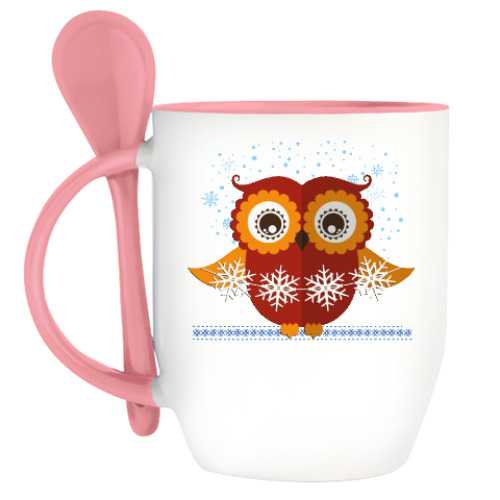 Кружка с ложкой с принтом Зимняя сова