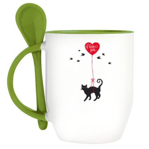Кружка с ложкой с принтом Кот и сердце