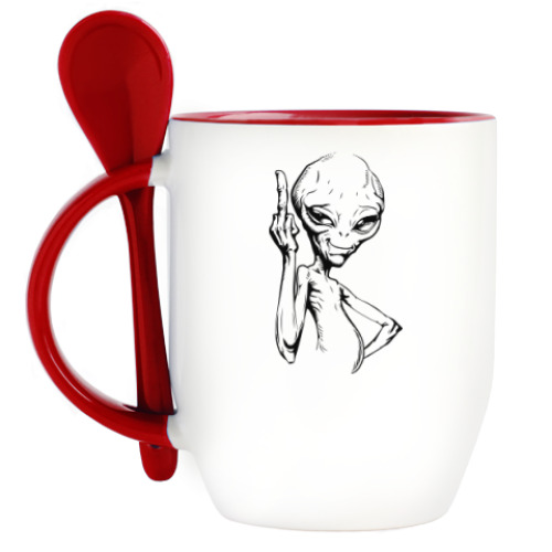 Кружка с ложкой смешной пришелец (funny alien)