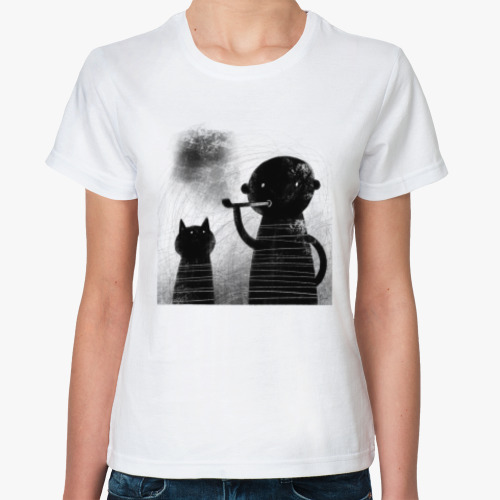 Классическая футболка с принтом Человек и кошка