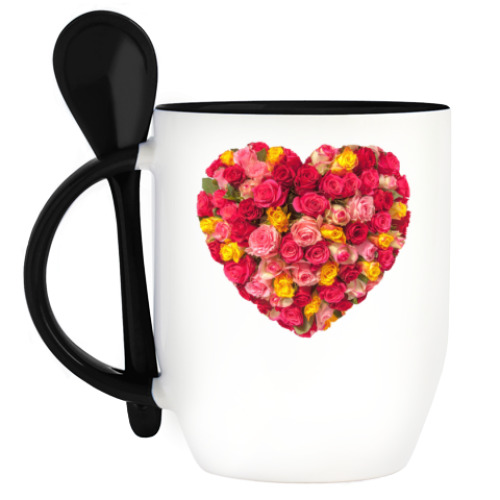 Кружка с ложкой с принтом Сердце из роз