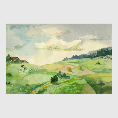 Постер с принтом Акварель. Мимо полей. Пейзаж. Северная природа.