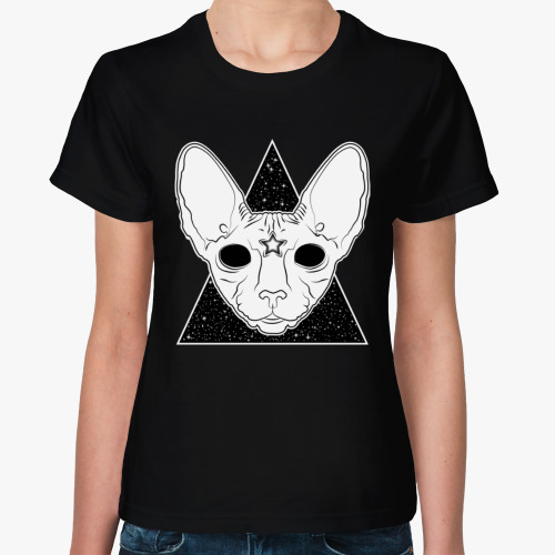 Женская футболка с принтом Кот сфинкс познавший Вселенную