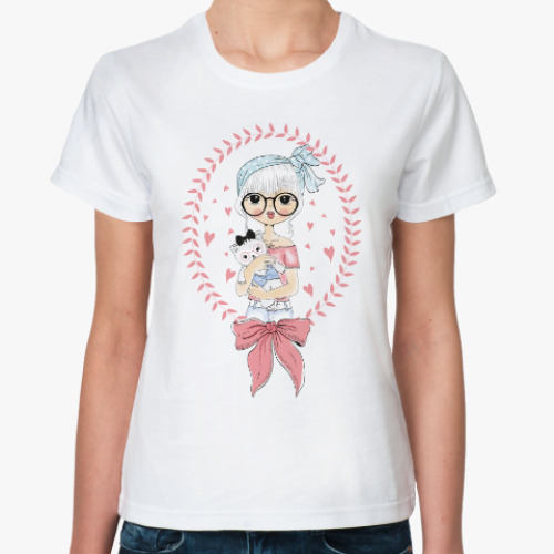 Классическая футболка Девочка и котенок