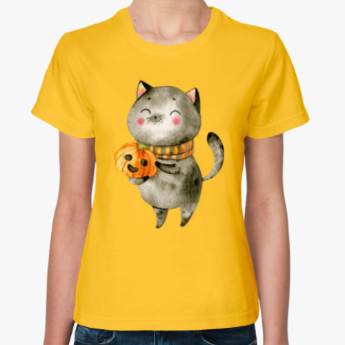 Женская футболка Котенок с тыквой на Хэллоуин