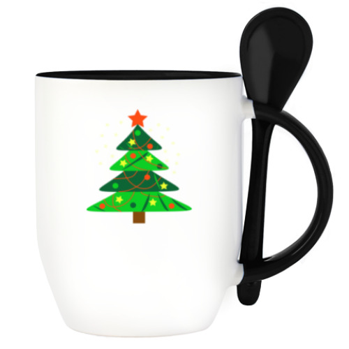 Кружка с ложкой с принтом Новогодняя ёлка