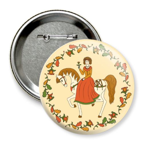 Значок 75мм с принтом Девушка на лошади. Русский орнамент