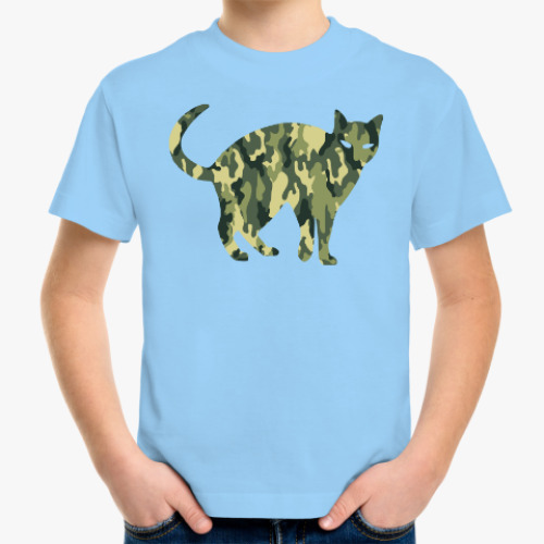 Детская футболка Кот цвета хаки (military cat) на 23 февраля