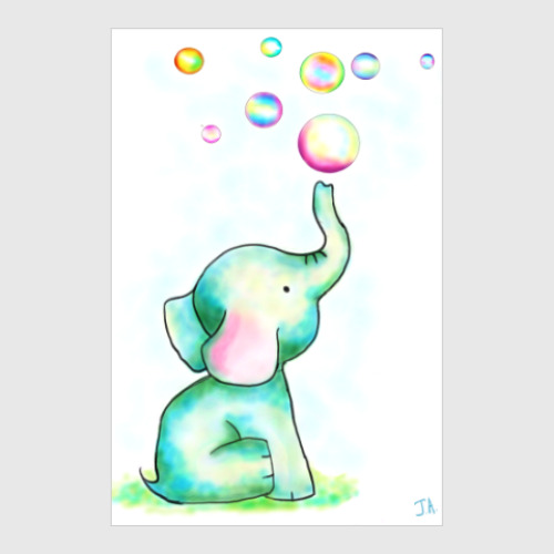 Постер Милый слоник с мыльными пузырями