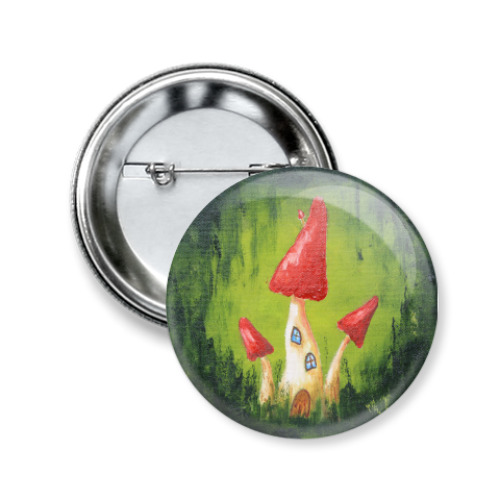 Значок 50мм с принтом Грибные домики