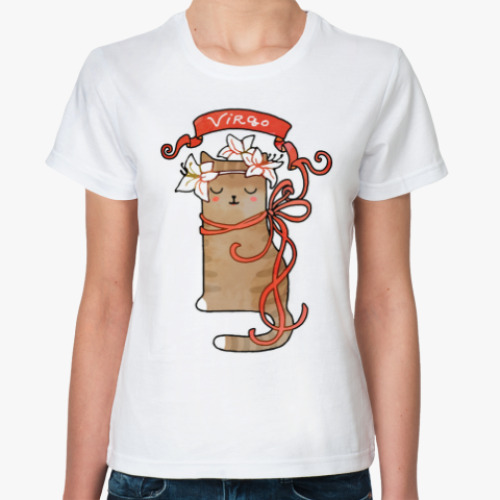 Классическая футболка с принтом Котик и Гороскоп.  Дева (Virgo).